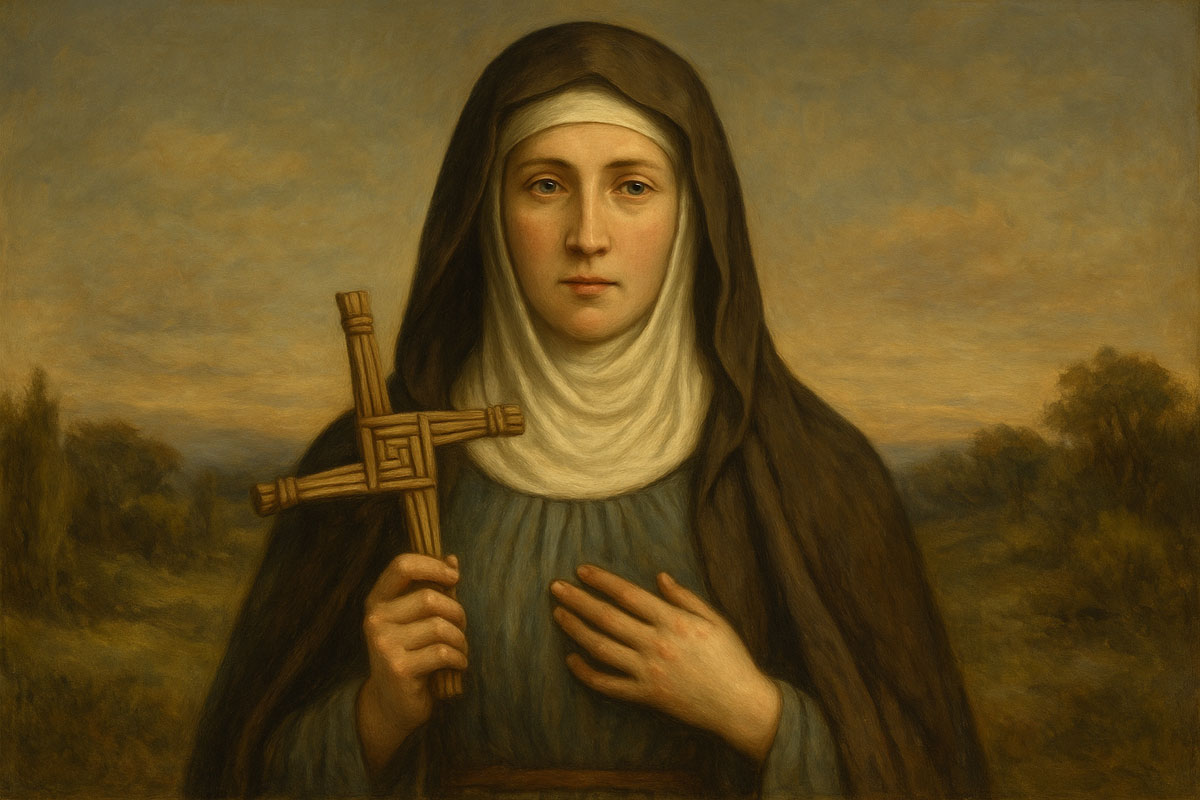 Painting-style portrait of St. Brigid of Kildare holding a woven Brigid’s cross, dressed in a dark cloak and white veil, standing before a soft Irish landscape at sunset.