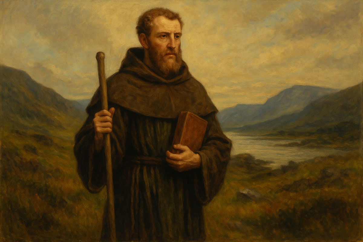 Painting-style landscape image of St. Columba holding a wooden staff and book, standing in a rugged coastal valley with hills and water behind him.