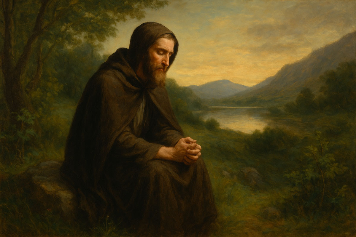 Painting-style landscape image of St. Kevin of Glendalough praying on a moss-covered rock, surrounded by trees, mountains, and a peaceful lake at sunrise.