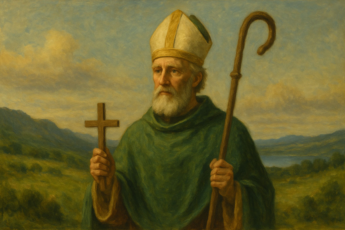 Painting-style landscape image of St. Patrick standing in green Irish hills, holding a wooden cross and bishop’s staff, dressed in green robes and mitre.