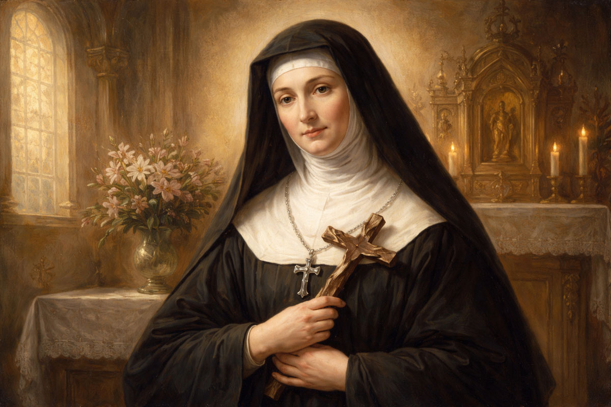 St. Jane Frances de Chantal holding a wooden crucifix inside a softly lit chapel, depicted in a traditional oil painting style.