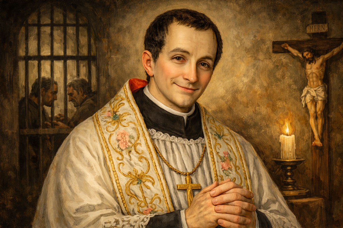 St. Joseph Cafasso, Italian Catholic priest, shown in a traditional painting wearing a lace surplice and embroidered stole, with prisoners and a crucifix in the background.