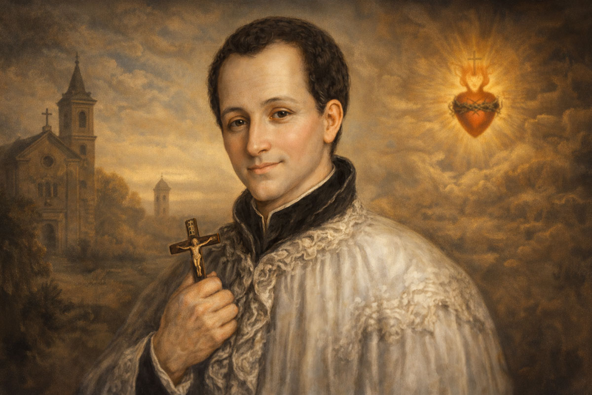 St. Claude de la Colombière holding a crucifix, portrayed in a classical painting with the Sacred Heart of Jesus and a church in the background.