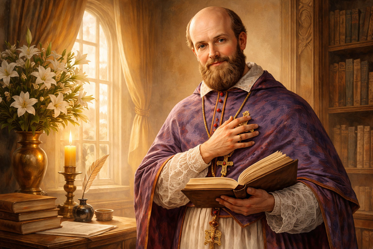 St. Francis de Sales holding a book in a study, symbol of gentle Catholic spirituality and inner peace