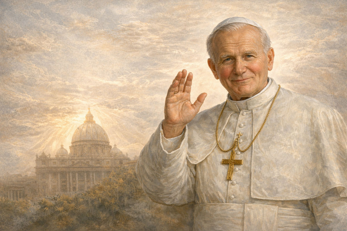 St. John Paul II raising his hand in blessing against St. Peter’s Basilica