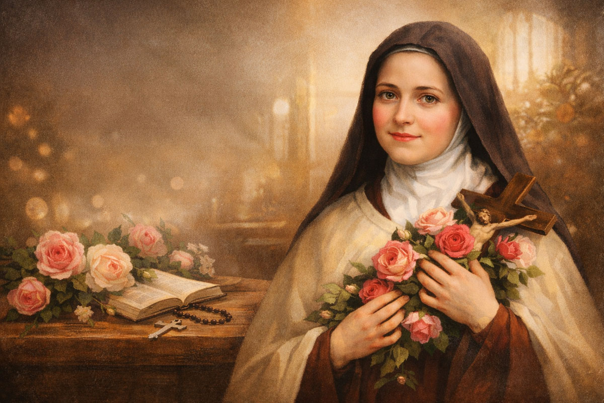 St. Thérèse of Lisieux holding roses and a crucifix, symbolizing her Little Way of doing small things with great love