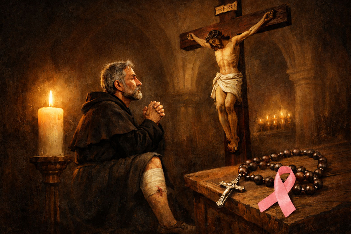 St. Peregrine Laziosi praying before a crucifix, patron saint of cancer patients and those suffering illness