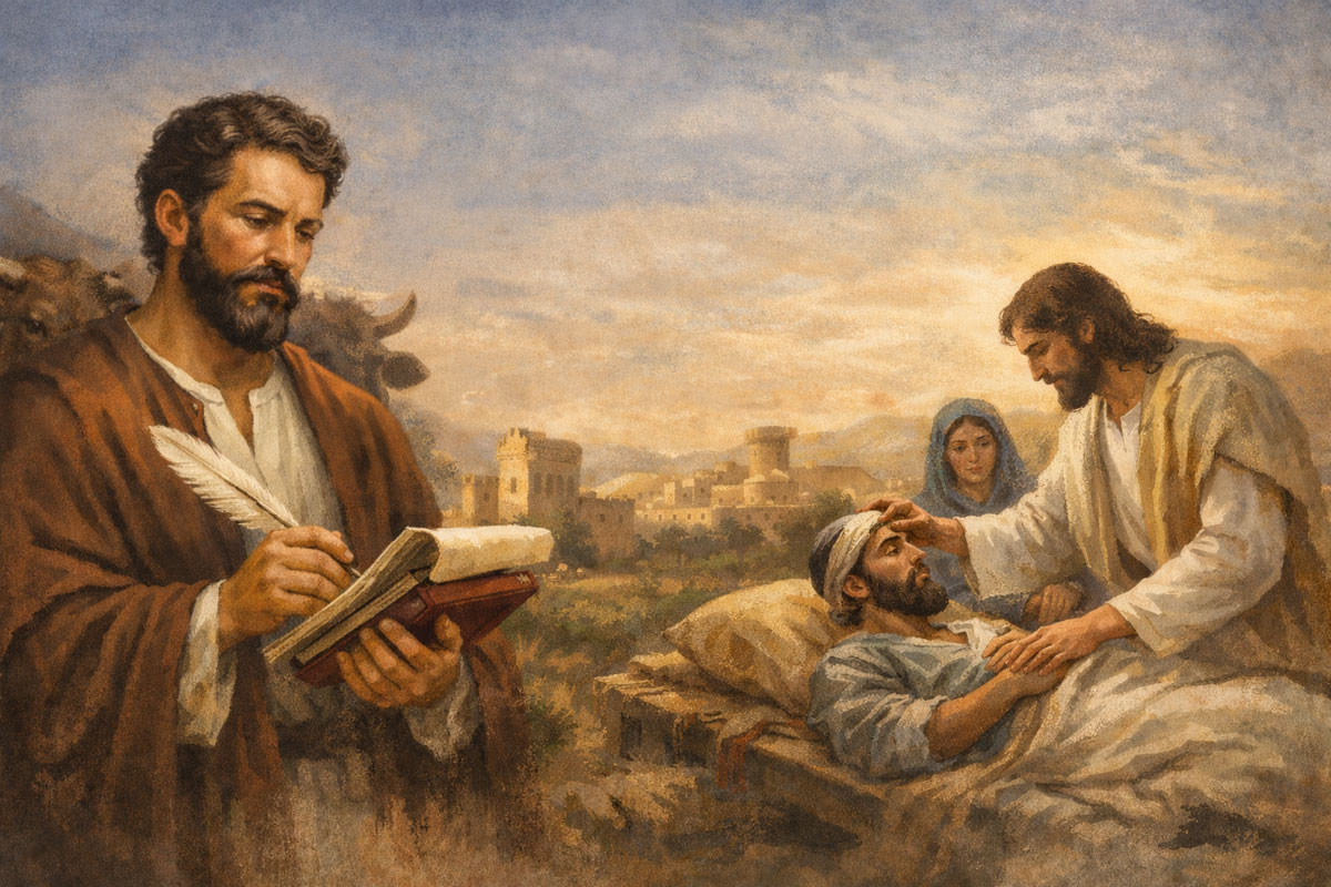 St. Luke the Evangelist writing the Gospel alongside a scene of Christ healing the sick