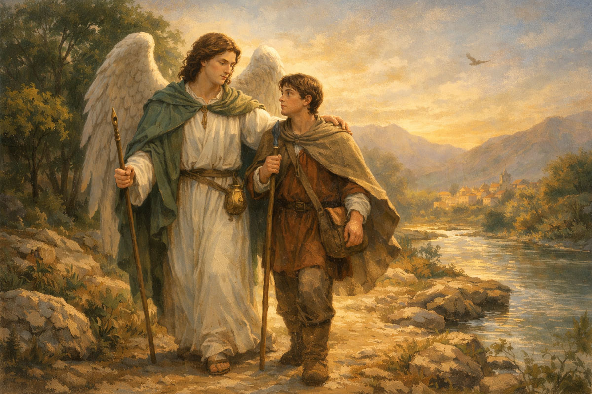 St. Raphael the Archangel guiding a young traveler along a river path, symbol of healing and divine guidance