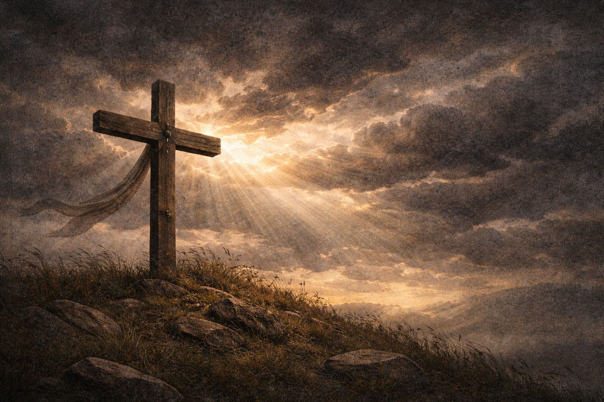 Wooden cross standing on a windswept hill beneath dramatic storm clouds with rays of light breaking through.