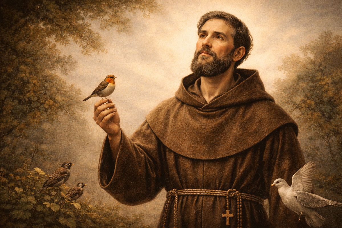 St. Francis of Assisi holding a small bird, traditional devotional portrait symbolizing his love of creation and Gospel simplicity