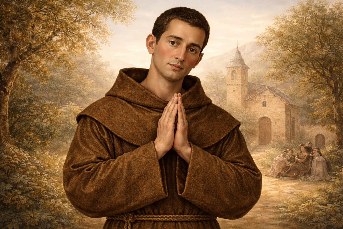 St. Didacus Franciscan saint praying in peaceful countryside near monastery