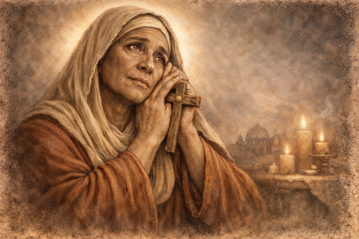 St. Monica praying with a wooden cross, looking toward heaven with candles glowing beside her in a warm vintage devotional illustration.