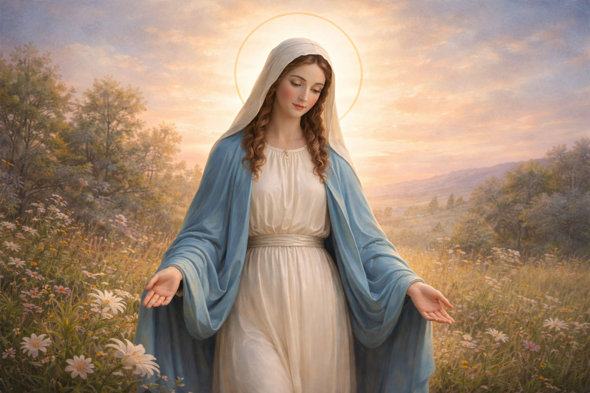 Blessed Virgin Mary standing in a peaceful meadow at sunrise, Catholic Marian devotional image