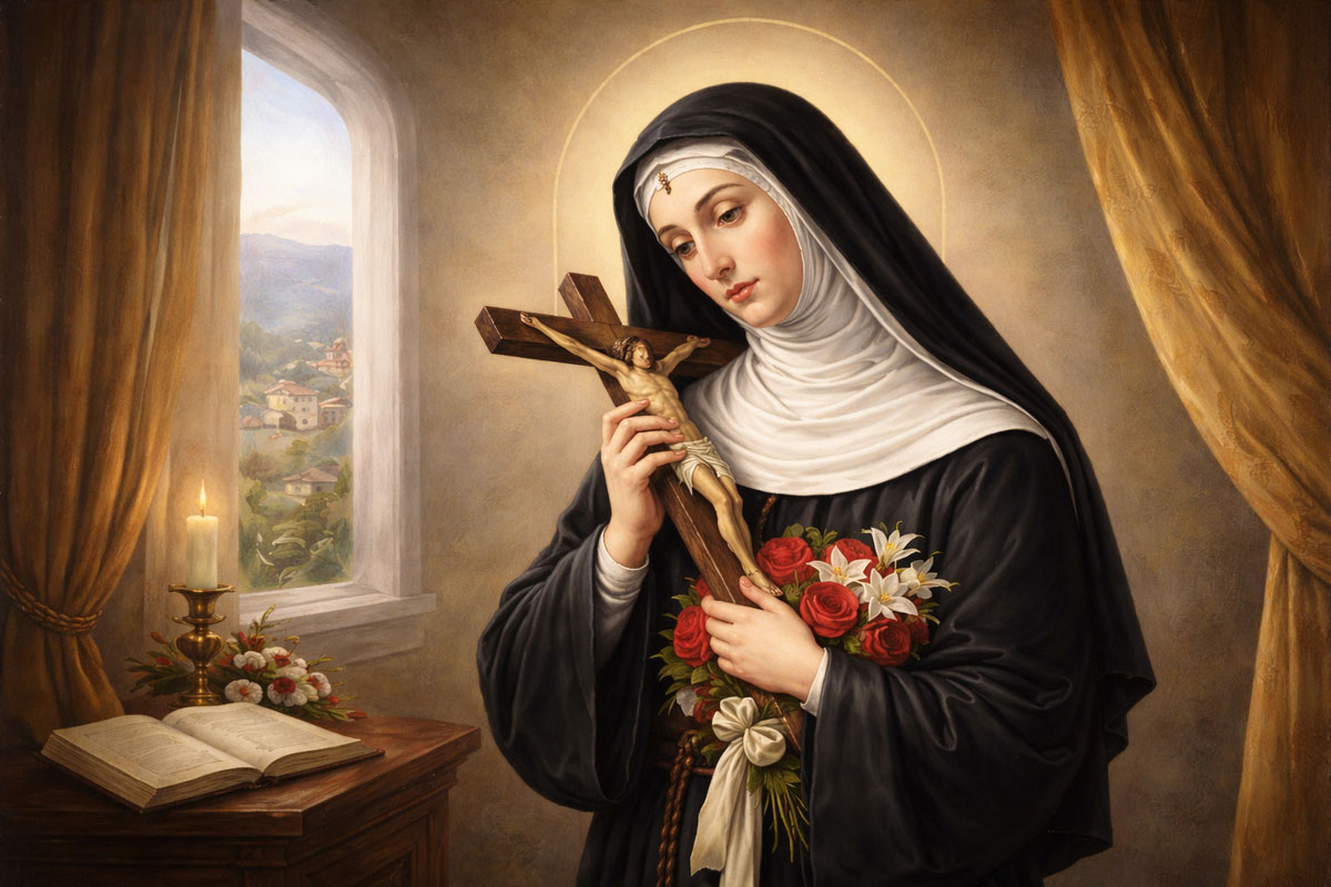 St. Rita of Cascia holding a crucifix and roses inside a convent room with a candle and open book, patron saint of impossible causes.