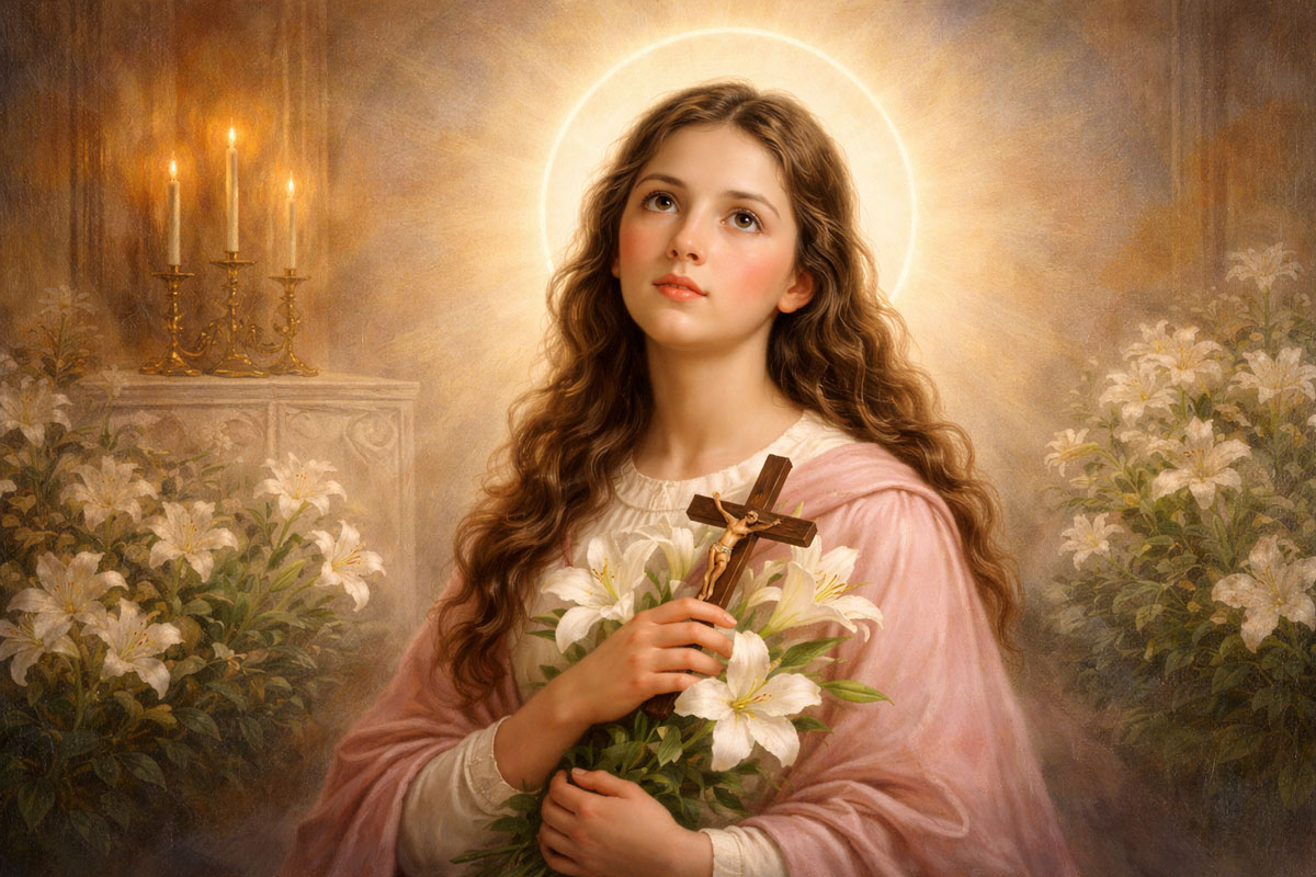 St. Maria Goretti portrait holding lilies and crucifix in a soft devotional painting