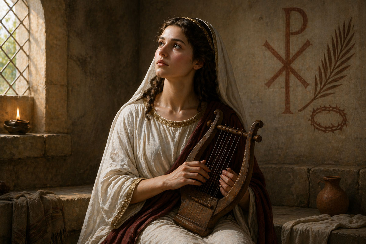 St. Cecilia in an early Christian setting holding a lyre, symbolizing her role as patron saint of music and interior prayer