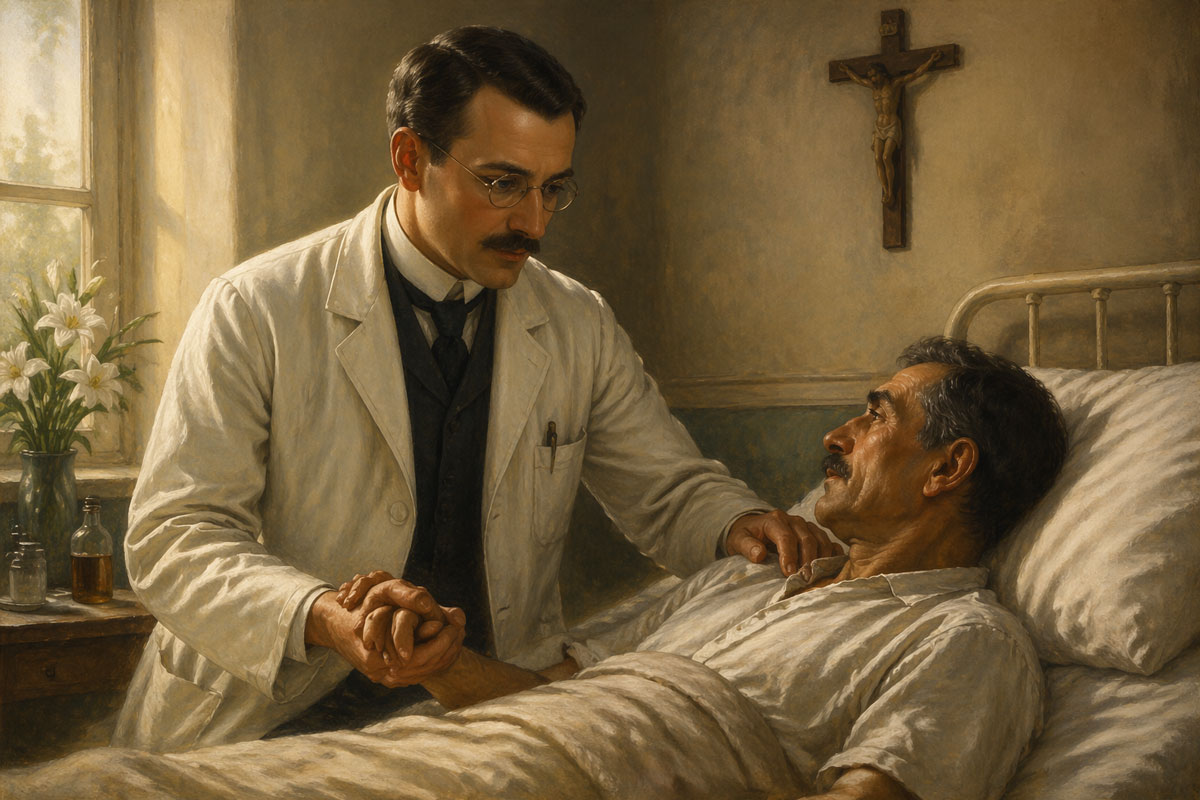 St. Joseph Moscati caring for a patient with compassion