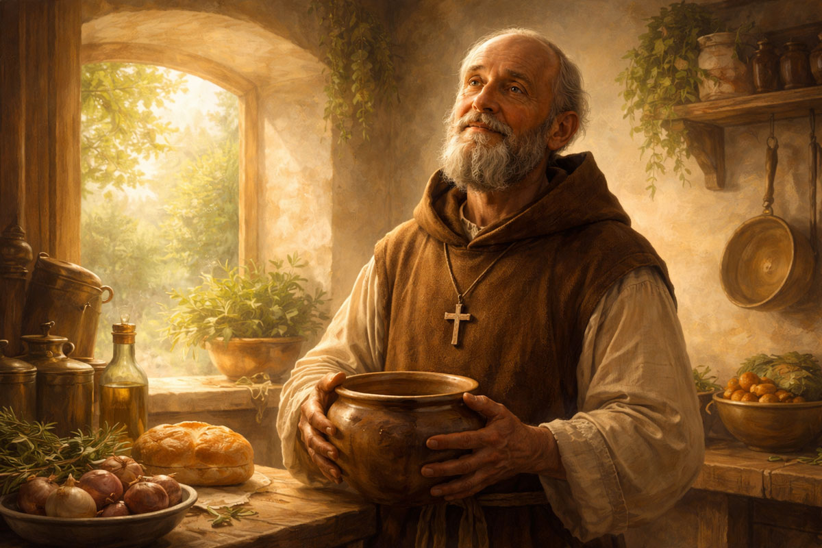 St. Brother Lawrence in monastery kitchen preparing food in peaceful prayerful setting