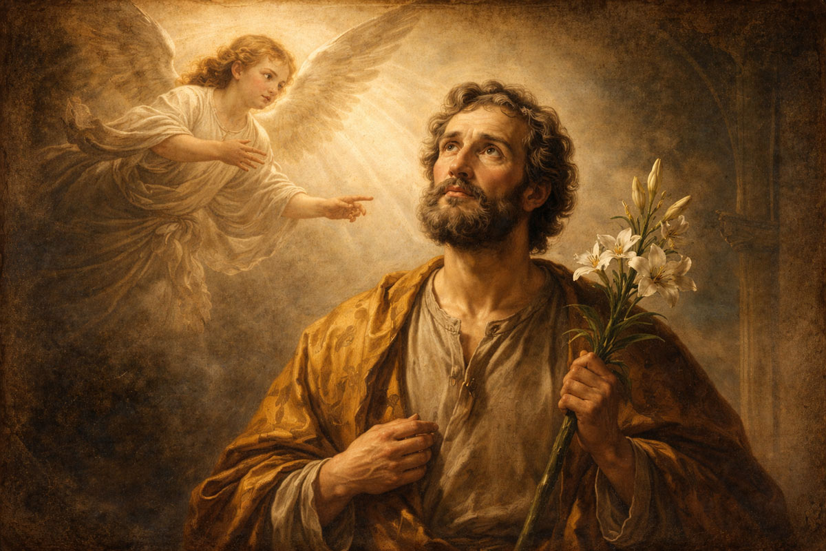 St Joseph listening to an angel in a dream with lilies in a vintage devotional style portrait