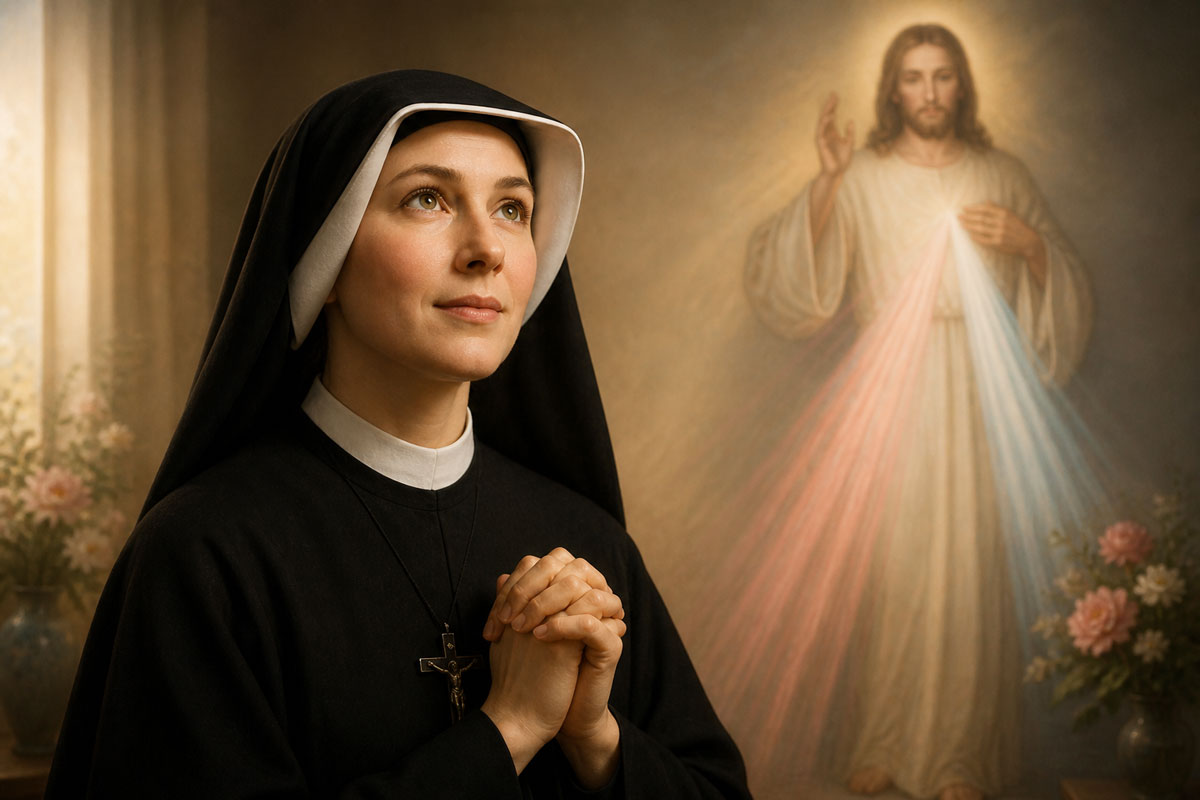 St. Faustina Kowalska praying with Divine Mercy Jesus in soft glowing background
