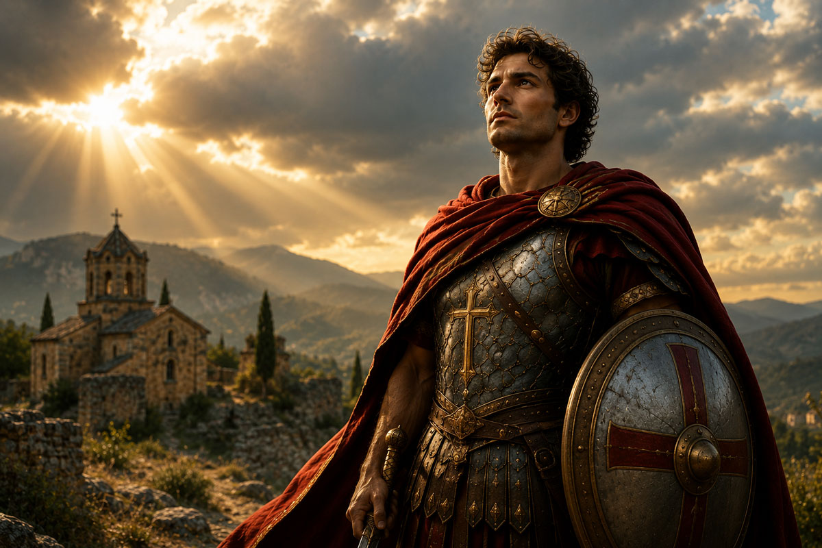 St. George, Christian martyr and patron saint of courage, standing in armor before a church with sunlight breaking through the clouds.