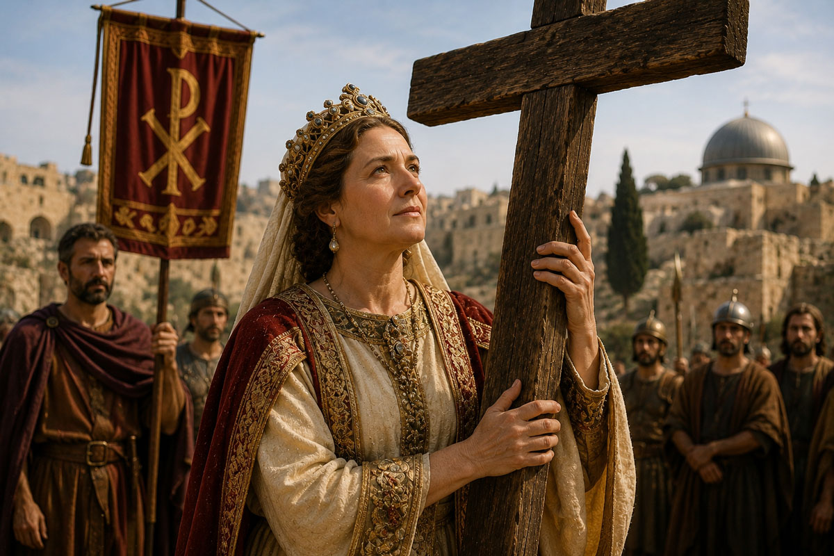 St. Helena holding the True Cross during a pilgrimage to Jerusalem surrounded by attendants and Roman-era architecture