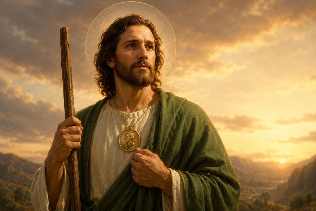 Landscape devotional portrait of Saint Jude holding a wooden staff at sunset, wearing green robes with a medallion of Christ and standing beneath a glowing golden sky.