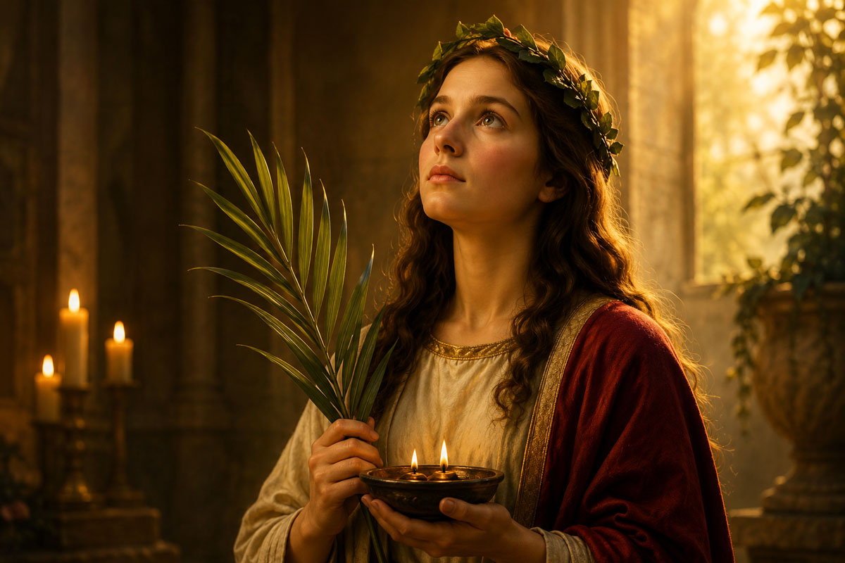 Classical image of St. Lucy praying with soft golden light symbolizing faith, hope, and spiritual courage