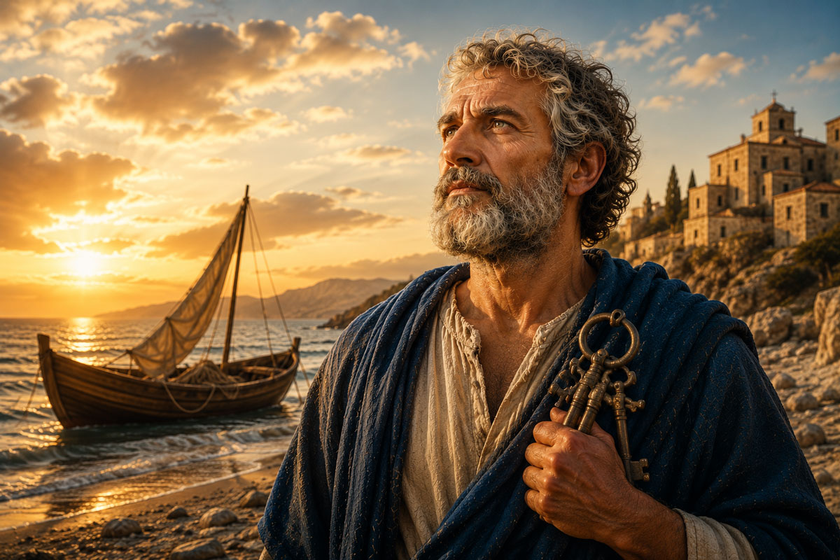 Saint Peter standing beside the sea at sunset holding keys, with a fishing boat and coastal village in the background.