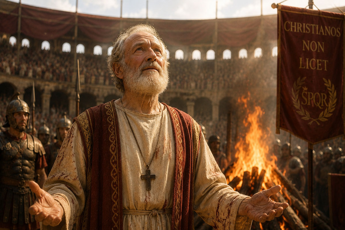 St. Polycarp standing courageously before Roman soldiers and a gathered crowd, symbolizing steadfast faith and lifelong devotion to Christ