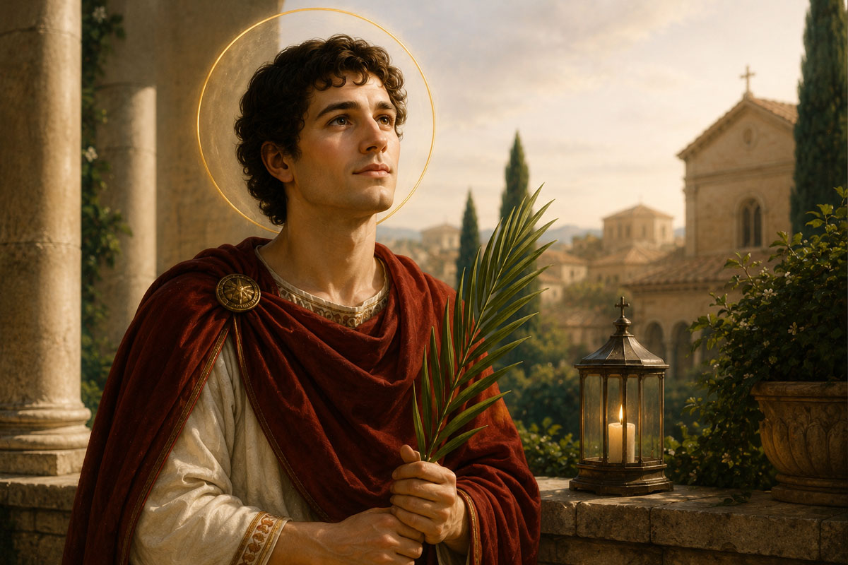St. Sebastian in a contemplative pose beside ancient stone ruins at sunset symbolizing courage, perseverance, and faithfulness to Christ