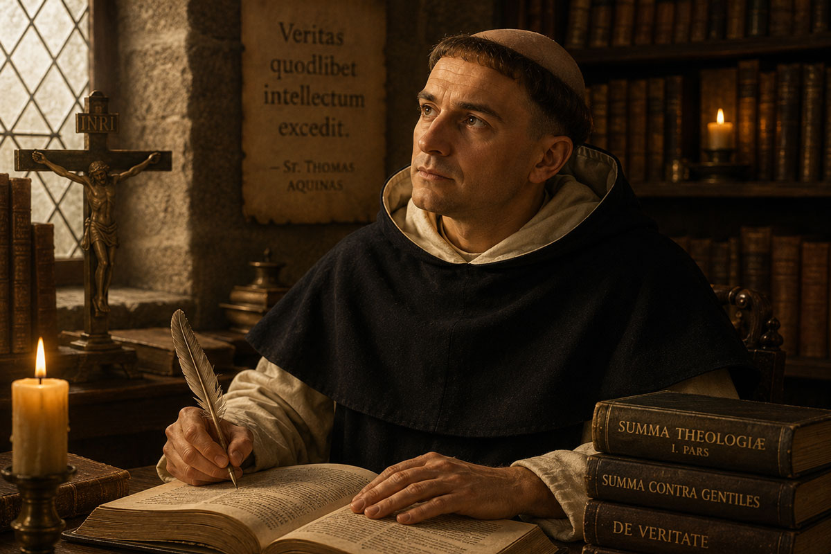 St. Thomas Aquinas studying by candlelight surrounded by books symbolizing wisdom, faith, and the search for understanding