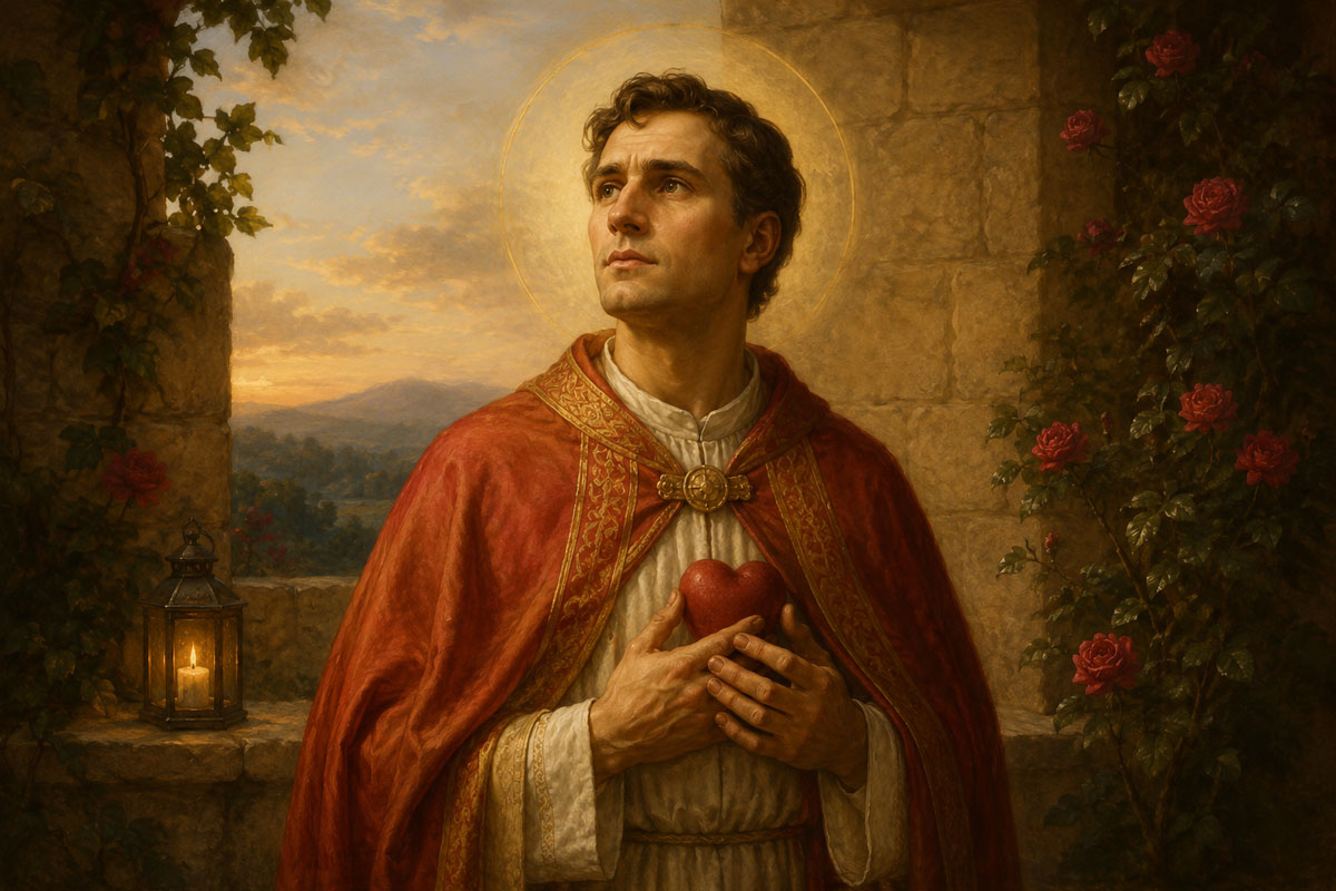 St. Valentine the Catholic saint holding a heart in a warm painterly religious style surrounded by roses and candlelight