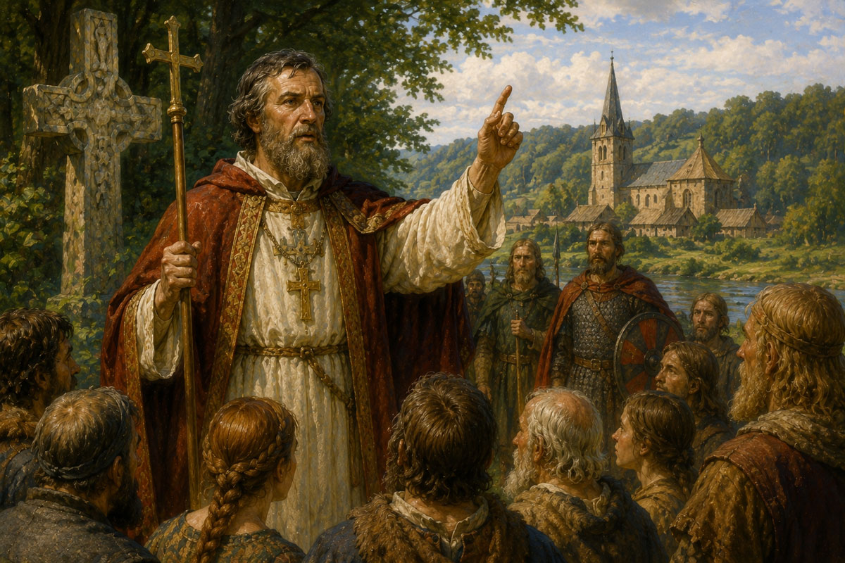 St. Boniface preaching to villagers in medieval Germany, encouraging faith, courage, and steadfast commitment to what is right.