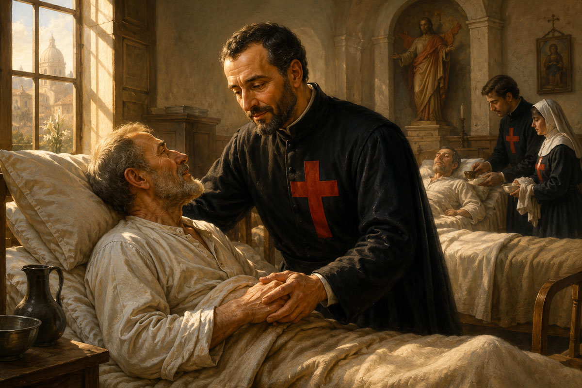 St. Camillus de Lellis caring for a sick man in a hospital ward, demonstrating Christian compassion, mercy, and service to those who suffer.