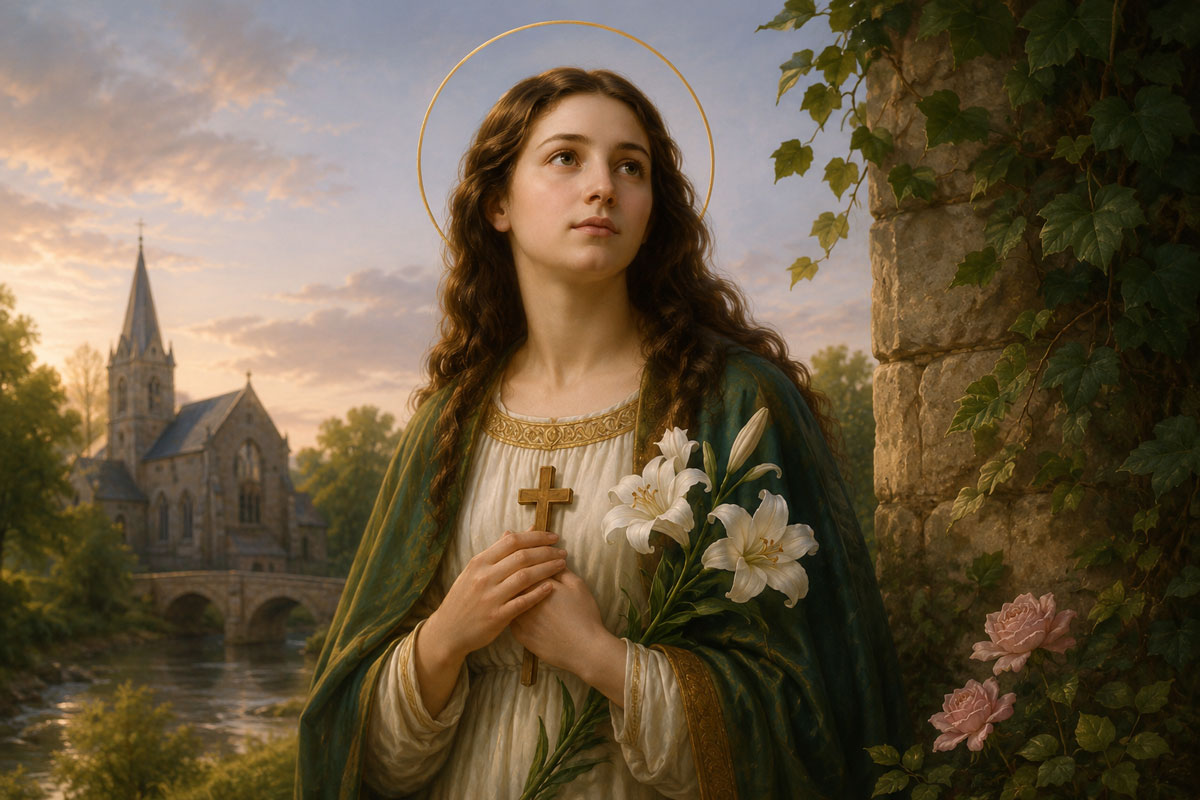 St. Dymphna holding a cross and lilies in a peaceful countryside setting, symbolizing faith, hope, and trust in God amid anxiety and emotional suffering.