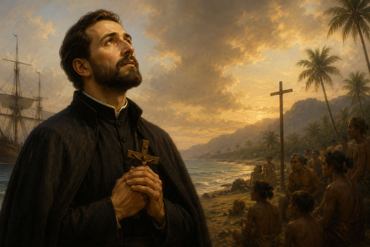 St. Francis Xavier praying before a mission cross on a tropical shoreline, reflecting his desire to bring souls to Christ.