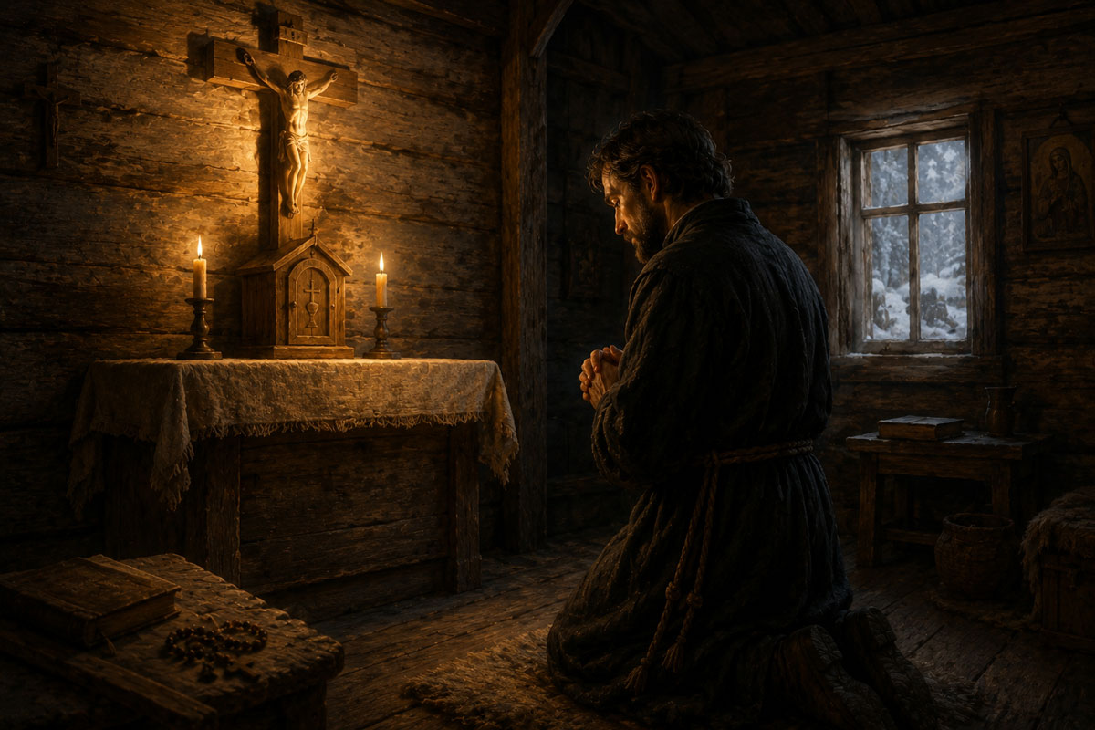 St. Isaac Jogues kneeling in prayer inside a simple frontier chapel, illuminated by candlelight before a crucifix and altar.