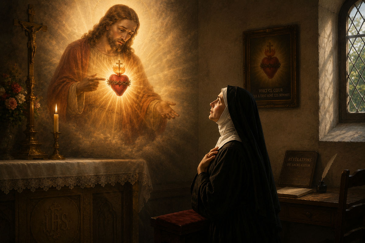 St. Margaret Mary Alacoque praying before a vision of the Sacred Heart of Jesus, reflecting on Christ's love for humanity.