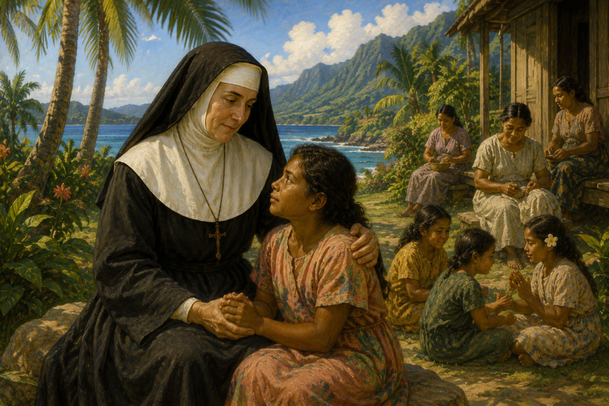 St. Marianne Cope comforting a child in Hawaii, demonstrating compassion, dignity, and Christian love for those who suffer.