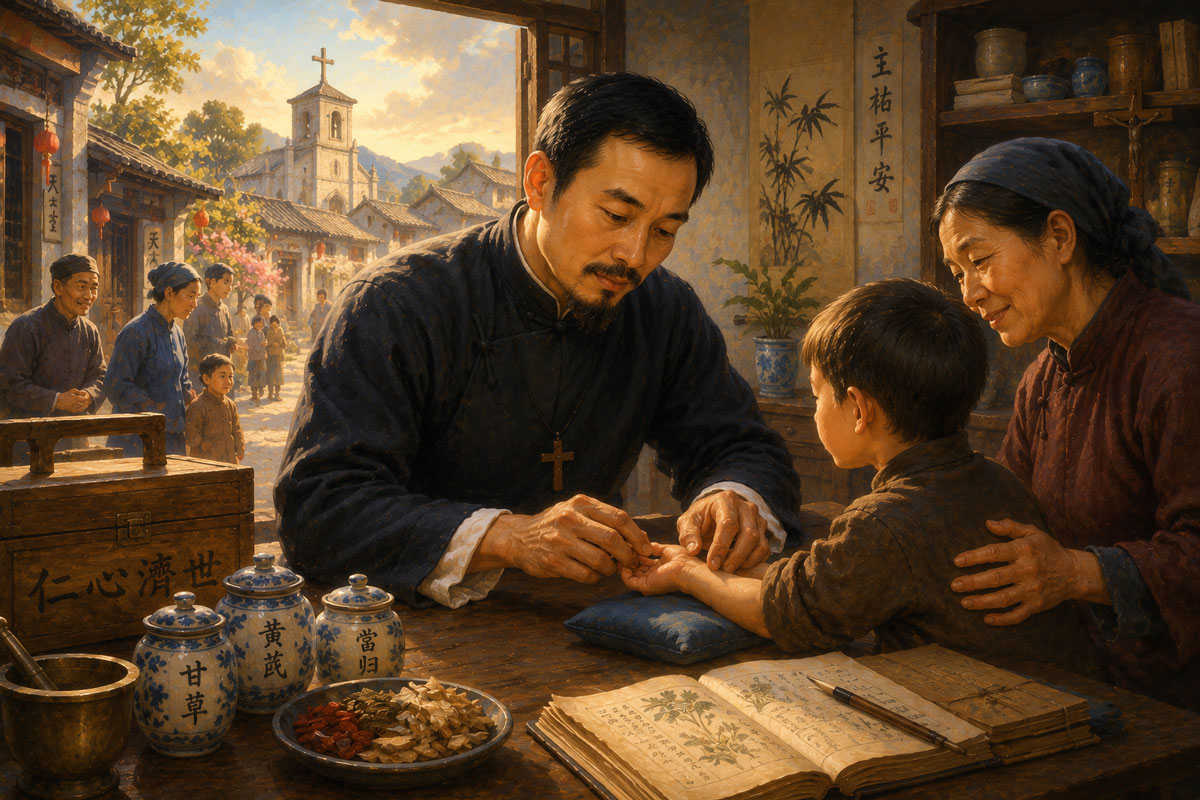 St. Mark Ji Tianxiang caring for a young patient in a traditional Chinese village clinic, surrounded by medicinal herbs, faith-filled symbols, and a warm community setting that reflects his vocation as a Catholic physician and his compassionate service to the sick.