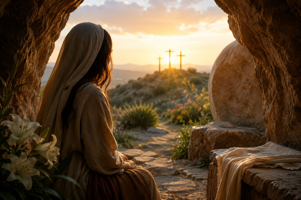 St. Mary Magdalene seated at the entrance of the empty tomb at sunrise, gazing toward the horizon as the light of the Resurrection fills the landscape.