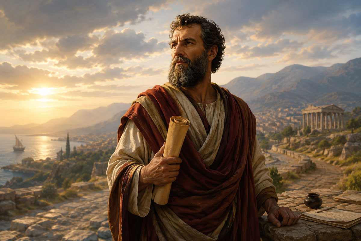 St. Paul holding a scroll overlooking an ancient Mediterranean landscape at sunset, symbolizing faith, missionary work, and Christian discipleship.
