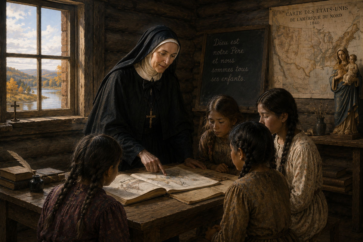 St. Rose Philippine Duchesne teaching children in a frontier mission school, sharing faith, learning, and hope on the American frontier.