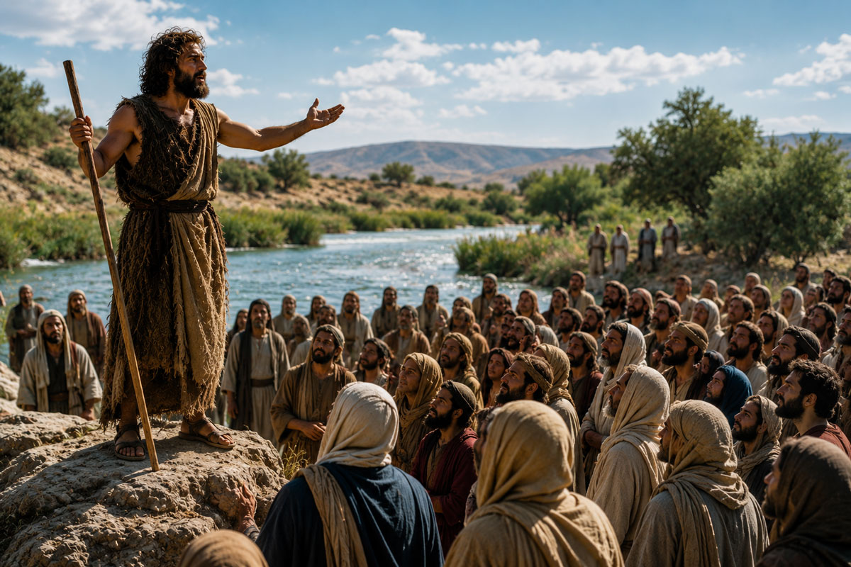 St. John the Baptist preaching to a crowd beside the Jordan River, calling people to repentance and preparing the way for Jesus Christ.