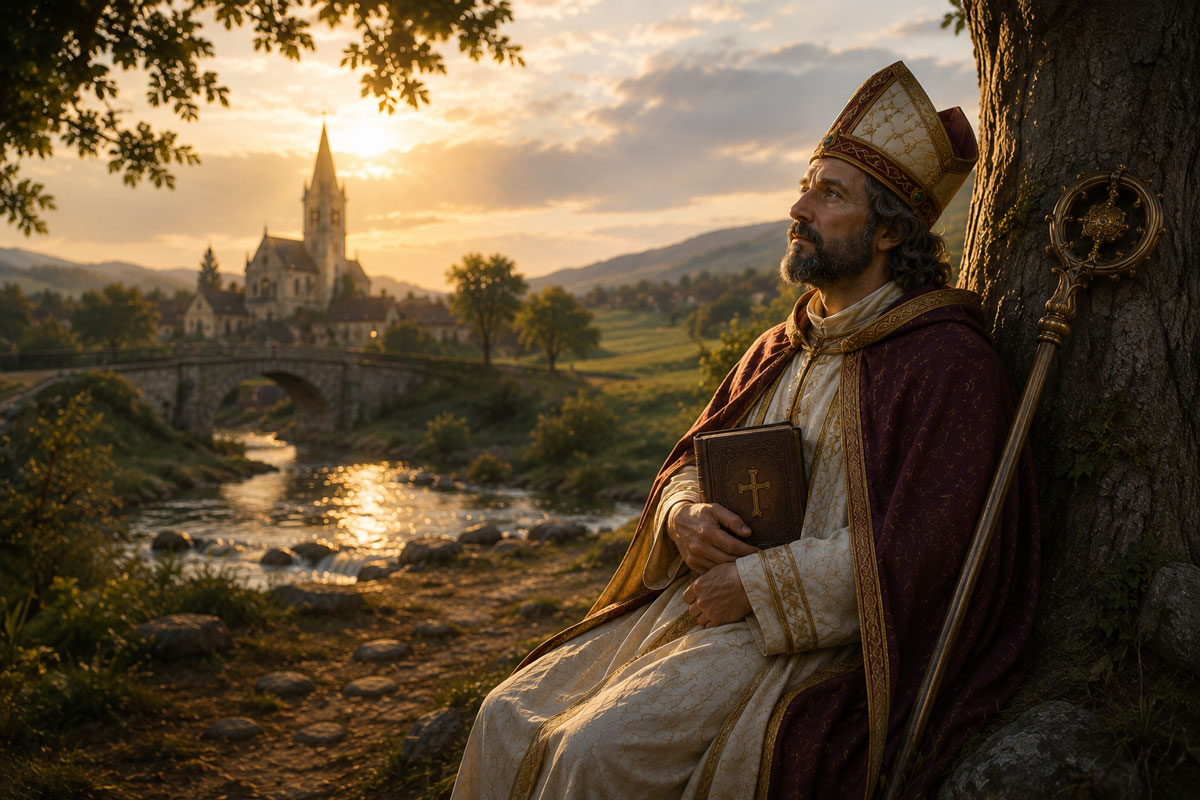 St. Amand resting beneath a tree with a Bible and bishop's staff overlooking a peaceful riverside village at sunset, symbolizing prayer, reflection, and faithful missionary service.