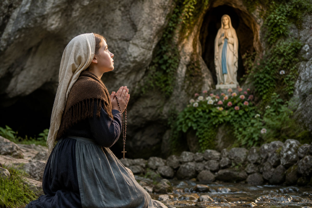 St. Bernadette Soubirous kneeling in prayer before the Lourdes grotto, gazing toward a statue of the Blessed Virgin Mary beside a flowing spring in a peaceful natural setting.