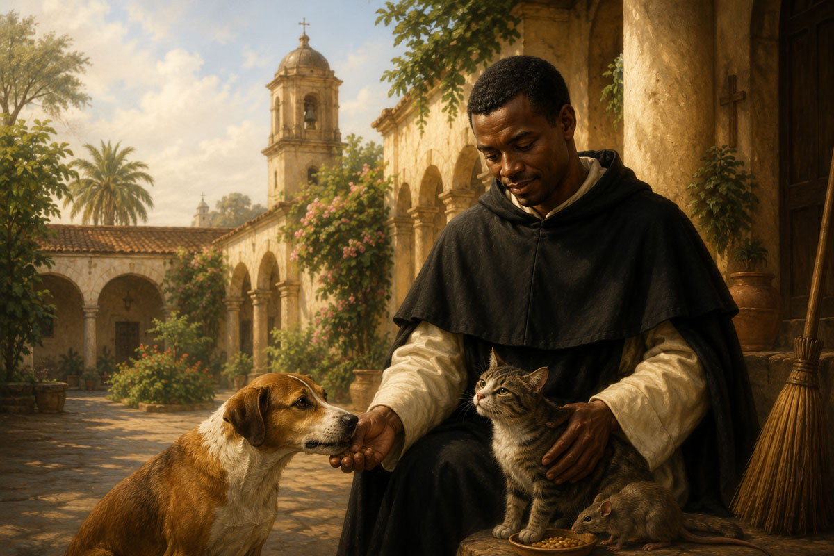 St. Martin de Porres caring for a dog, cat, and mouse in a sunlit monastery courtyard in Lima, Peru, reflecting his compassion, humility, and service to all God's creatures.