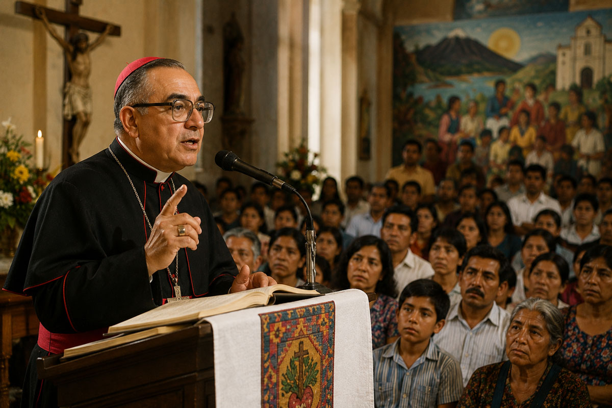 Oscar Romero speaking from the pulpit of a cathedral, with ordinary families, workers, and children listening attentively, emphasizing his role as a shepherd, advocate, and voice for peace and justice.